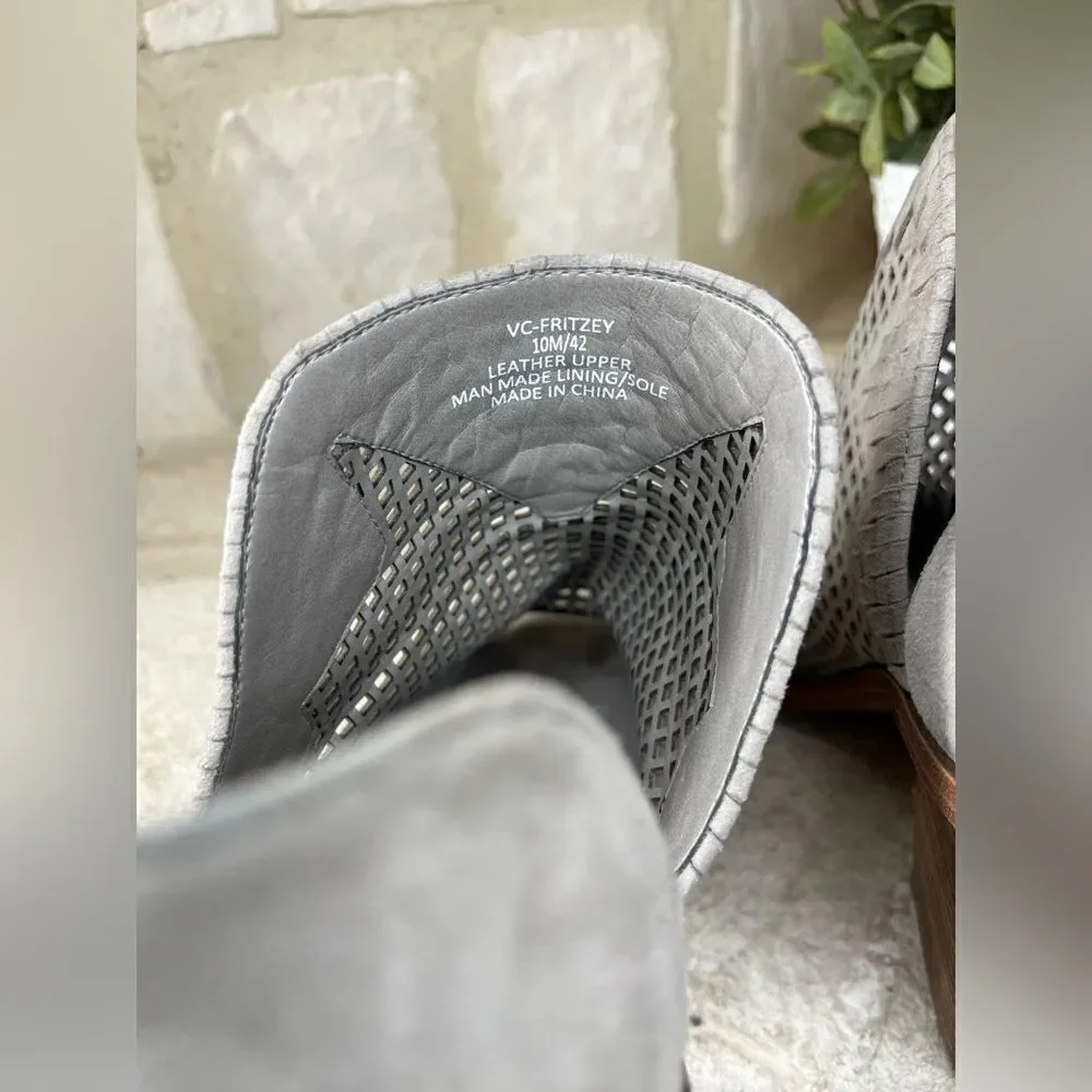 Vince Camuto Fritzey grey suede laser woven accent open toe booties sz 10
